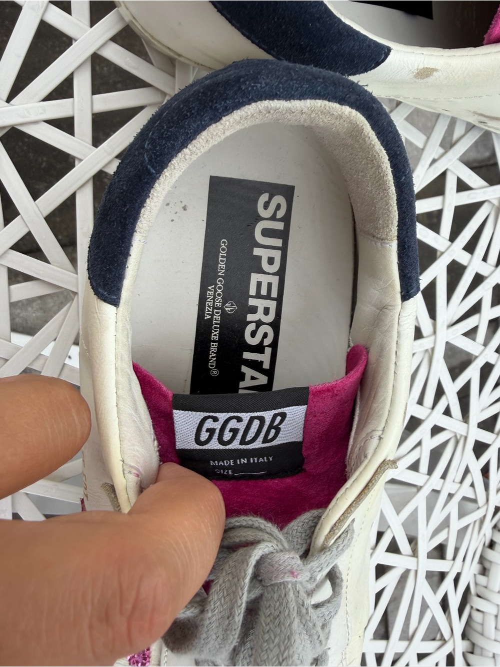 Golden Goose women’s White Leather Sneakers with Pink Glitter Star and Navy Heel - Picture 10 of 13